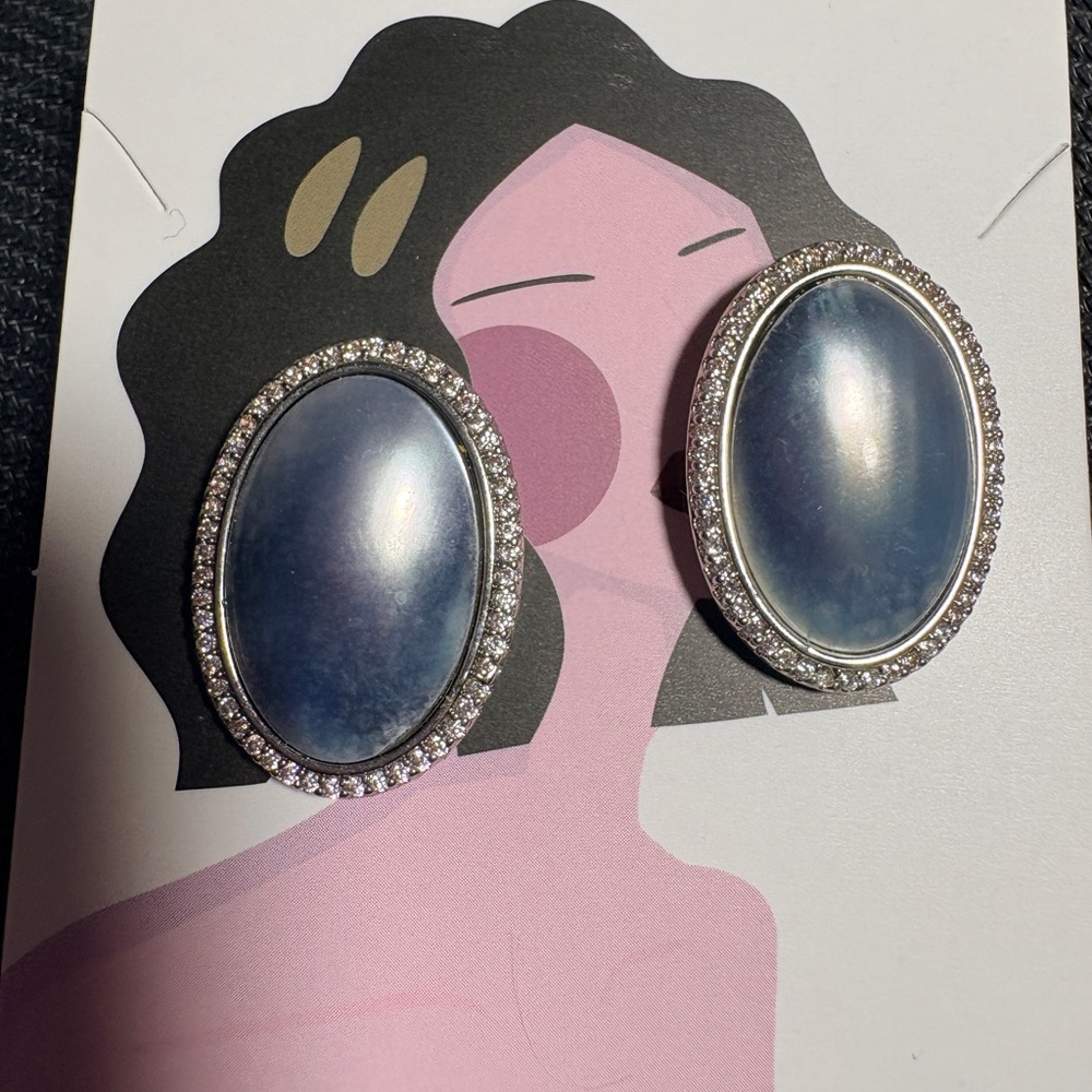 Elegant Silver and Blue Oval Earrings shell pearls